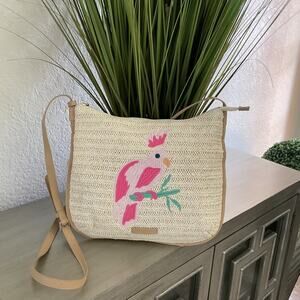 Vera Bradley Woven Straw Pink Embroidered Cockatoo Womens Crossbody Bag
